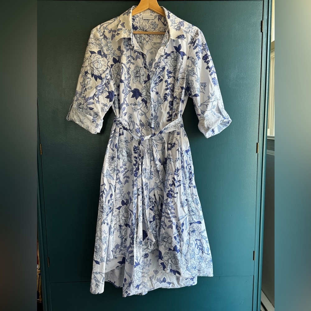 Floral Blue and White High/low Shirt Dress